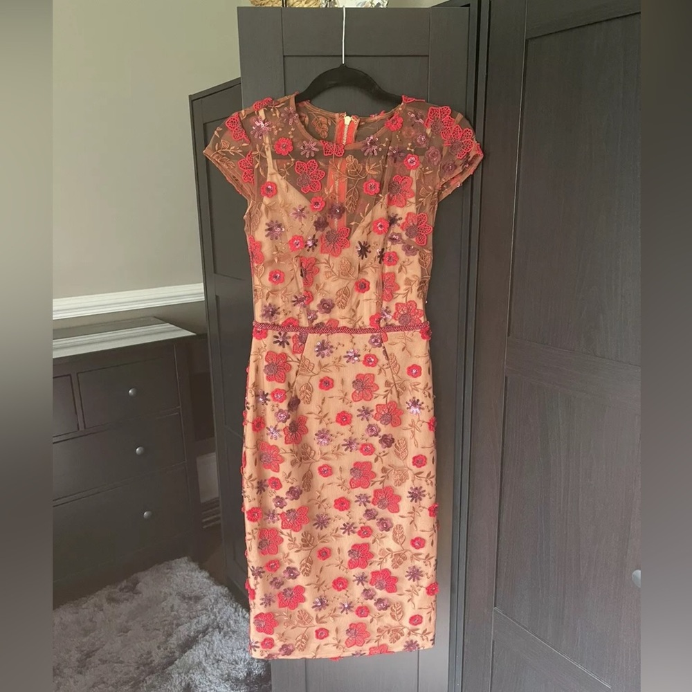 Bronx And Banco Red Floral Sequined ￼Midi Dress - Size XS